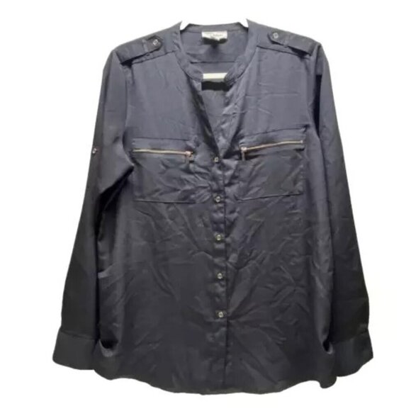 Calvin Klein Women's Large V-Neck Button Up Blouse Charcoal Grey Roll Tab Sleeve - Picture 1 of 13